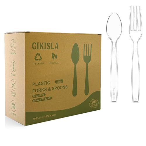 Ginikoe 200 Pcs Heavy Duty Clear Plastic Cutlery Set Reusable Forks and Spoons Set Durable Plastic Silverware Set for for Parties Picnics Big Event Daily Use - Bpa Free