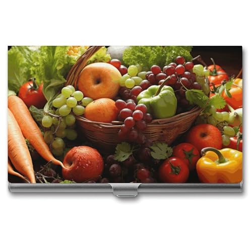 Slim Metal Business Card Holder - Colorful Various Vegetables And Fruit Aluminum Alloy Card Case with Buckle Closure, Holds 20 Cards & Cash, Professional Credit Card Size ID Holder for Men Women Gift