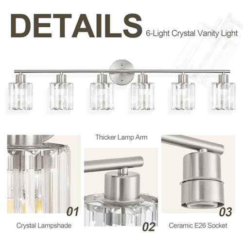 Image of Modern Brushed Nickel Crystal Bathroom Light Fixtures,6-Light | Bathroom Lighting Fixtures over Mirror,Vanity Lights for Mirror, Restroom(Ceramic E26 Socket,Bulbs Not Include)