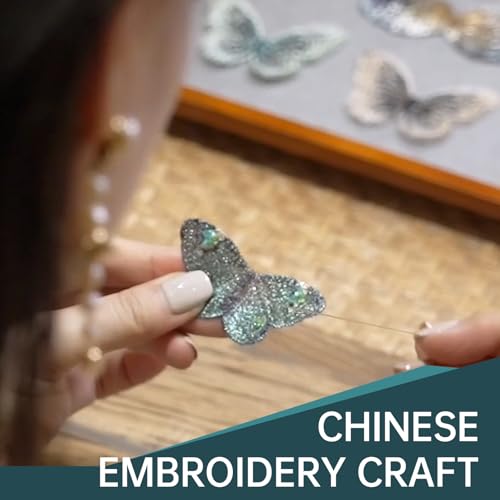 Image of Handmade Embroidery Flower Brooch Pins for Women, SHE'S FREE STYLE JUST FOR YOU Luxury Gradient Stitching Floral Brooch Pins with Crystal stamen, Enamel Metal Butterfly with Green Leaves, Hand Dripping Oil Jewelry pins