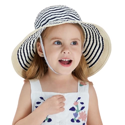 Home Prefer Baby Toddlers Beach Sun Hat Rollable Brim Bowknot Stripe UV Sun Protection Hat for Girls Woven Bucket Hat