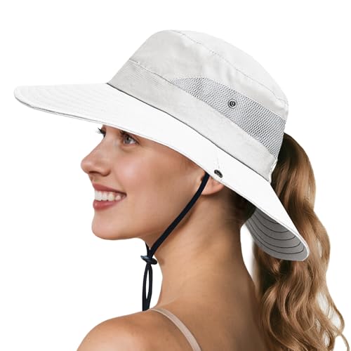 Image of NPQQUAN Ponytail Sun Hats for Women UPF 50+ Wide Visor UV Protection Packable Hat for Beach Hiking Gardening