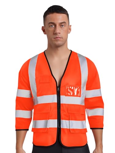 LumiJour Felpa Uomo Giacca Di Sicurezza Con Strisce Riflettenti Maniche Lunghe Giacca Di Protezione Di Avvertimento Professionale Con Cerniera Anteriore Arancia Taglia unica