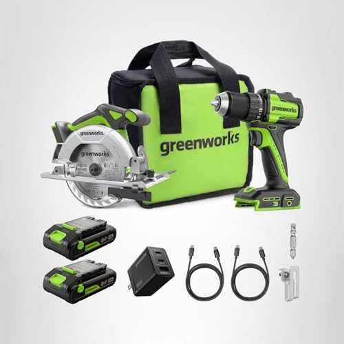 GREENWORKS 24V 1/2&rdquo; Brushless Cordless Drill (400 In-lbs.) + 6.5&rdquo; Circular Saw (4,800 RPM), (2) 2.0Ah (12,000mAh Power Bank) USB-C Batteries, Braided Cable, 65W Rapid Charger