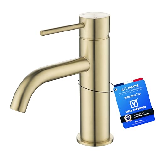 ACUMIOS WELS Lead-Free Basin Mixer Tap, Round Curved Bathroom Faucet, Stainless Steel Vanity & Laundry Sink Mixer, Water-Saving, (Brushed Gold, Spout Height 75mm)