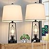 Farmhouse Table Lamps with 2 USB Ports Set of 2 Rustic Industrial Desk Lamp for Living Room 2 Light Black Bedside Lamp Bedroom Nightstand Lamp with White Lampshade for House Decor Reading