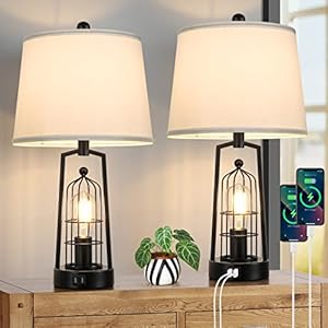 Farmhouse Table Lamps with 2 USB Ports, Set of 2 Rustic Industrial Desk Lamp for Living Room, 2-Light Black Bedside Lamp, Bedroom Nightstand Lamp with White Lampshade for House Decor, Reading Farmhouse Table Lamps with 2 USB Ports Set of 2 Rustic Industrial Desk Lamp for Living Room 2 Light Black Bedside Lamp Bedroom Nightstand Lamp with White Lampshade for House Decor Reading