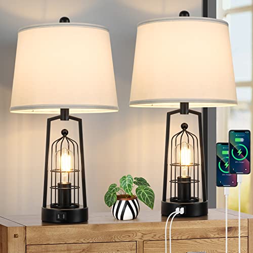 Farmhouse Table Lamps with 2 USB Ports Set of 2 Rustic Industrial Desk Lamp for Living Room 2 Light Black Bedside Lamp Bedroom Nightstand Lamp with White Lampshade for House Decor Reading