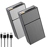ライター付きシガレットケース 100mmキングサイズ、充電式防風2個セット、電気コイルライター、ギフトパッケージ(シルバー+ブラック、100mm)