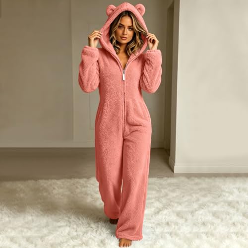 Fleece Pajamas Women Onesie Teddy Bear Ear Hooded Zip Up Fluffy Loungewear - image 2