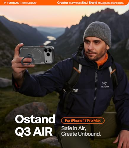 Image of TORRAS Ostand Q3 Air Original for iPhone 17 Pro Max Case, 360 Magnetic Stand, MagSafe Compatible, Mil-Grade Drop Tested, Camera Control Button, Shockproof for 17 Pro Max Cover, Shadow Black