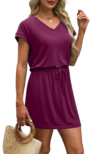 Image of OFEEFAN Summer Dresses for Women 2026 V Neck T Shirt Casual Mini Dresses Tie Waist Sundresses with Pockets