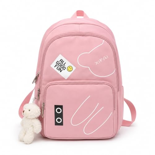 Mochila Escolar Feminina, Preta e Rosa, com Pingente de Urso, Estampa 'All Good Fun' (Rosa)
