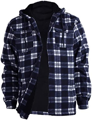 Mens Fleece Zip Hooded Sweatshirt Heavy Warm Flannel Plaid Jackets