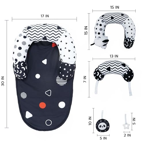 Image of Aila+Aiden 2-in-1 Tummy Time Mat and Seated Support with Two Toys - for Newborns and Babies - Includes Detachable Cushion for Supervised Play & Head /Neck Development (Black /White)