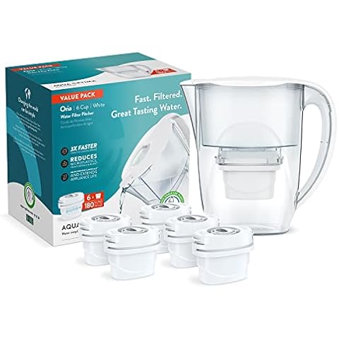 Aqua Optima 6-Cup Water Filter Pitcher Bundle Pack for Tap and Drinking Water with 6 Evolve+ Filter, Reduces Microplastics, Improves Taste, BPA Free, WQA Certified, Oria Design (White) Cover
