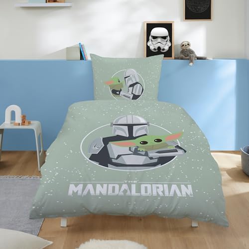 Familando - Star Wars Bettwäsche Set The Mandalorian & Baby Yoda Grogu (2-teilig) Decken- & Kissenbezug 135x200 cm & 80x80 cm 100% Baumwolle Renforcé mit Reißverschluss Oeko-TEX Zertifiziert