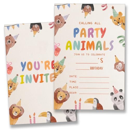 YLKJSTYS Cute Animal Birthday Invitations, Party Animals Birthday Party Invitations for Kids (20 Cards with Envelopes) Double Sided Design