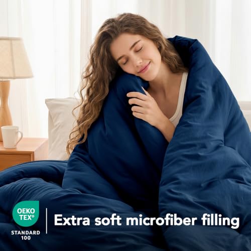Image of Quataly Oversized Queen Comforter Set Prewashed Lightweight Quilted Bedding | 3PCS Navyblue Breathable Down Alternative Bedding Set with 1 Solid Comforter (98 inchx98 inch) and 2 Soft Pillowcases