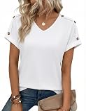 Totatuit camiseta de verano mujer manga corta cuello en V unicolor elegante con botones decorativos en los hombros Blanco，L