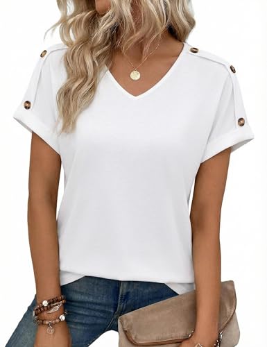 Totatuit camiseta de verano mujer manga corta cuello en V unicolor elegante con botones decorativos en los hombros Blanco，L