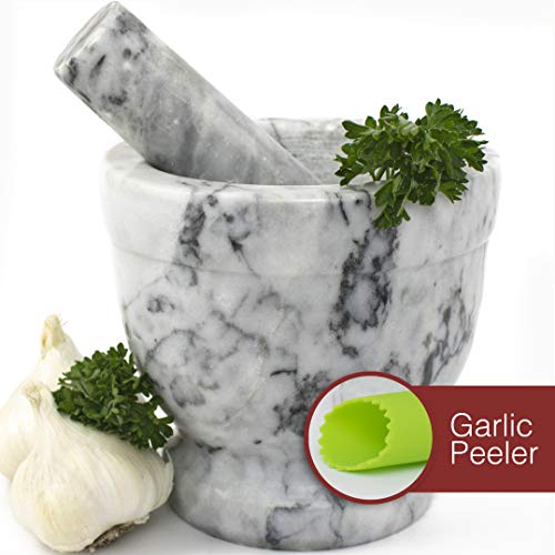 Mortar and Pestle Set - Polished White and Grey Marble Bowl with Bonus