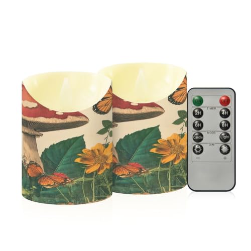 Ewusp Juego de 2 velas LED parpadeantes sin llama con diseño de mariposa de hongo con control remoto y temporizador, para decoración del hogar, bodas, vacaciones, fiestas, centros de mesa