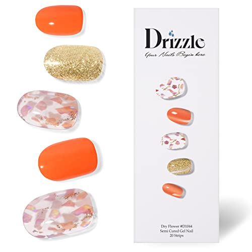 Drizzle Semi Cured Gel Nail Strips, Real Nail Polish Art Stickers (Uv/Led Light Required), Glossy, Glitter, Solid Color, Adhesive Full Nail Wraps Long Lasting Waterproof, Nail Strips Decal For Women (Dry Flower) #TOP4
