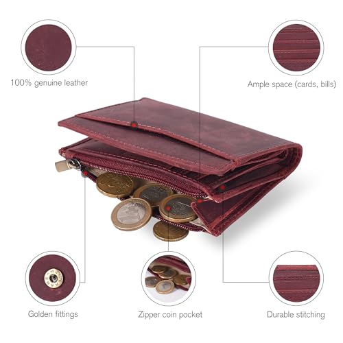 Image of Oak Leathers Leather Wallet For Women - Small RFID Coin Purse Credit Card & ID Holder for Ladies, Gift for Women's, Bifold Wallets (Crazy Horse Red)