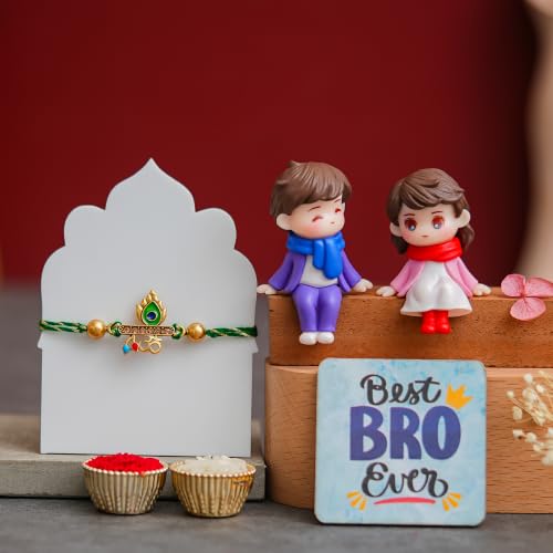 Image of eCraftIndia Rakhi for Brother with Peacock Feather Om Designer Rakhi | Best Bro Ever Showpiece & Fridge Magnet Combo | Raksha Bandhan Gift for Bhai | Traditional Green Thread Rakhi