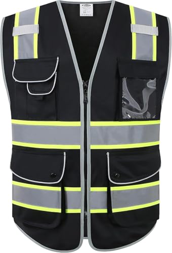 Image of JKSafety 9 Pockets Hi-Vis Fluorescent Color Zipper Front Safety Vest with Neon Color Extended Yellow Trims for Men and Women Work Safety Utility (901-Black S)