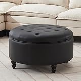 Immulize 30-Inch Round Storage Ottoman, Modern Button Circle Storage Coffee Table with Removable Lid Top,Upholstered Large Footrest Stool for Bedroom,Living Room,PU Leather,Black