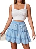 Women's Summer Flowy Ruffled Frill Mini Skirt High Waist Beach Flounce Flared Short Swing Boho Skirt Light Blue Dot XL