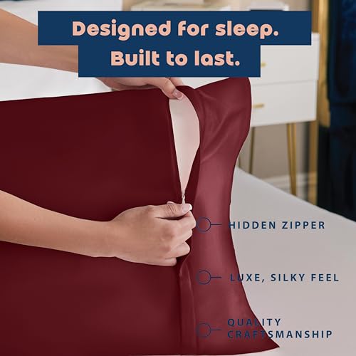Image of BLISSFORD Satin Pillowcase with Zipper, for Hair and Skin Care, Feels Soft and Cool Like a Silk Pillowcase, Satin Pillow Cases 2 Pack, Slik Pillow Cover, Burgundy, Standard, Set of 2