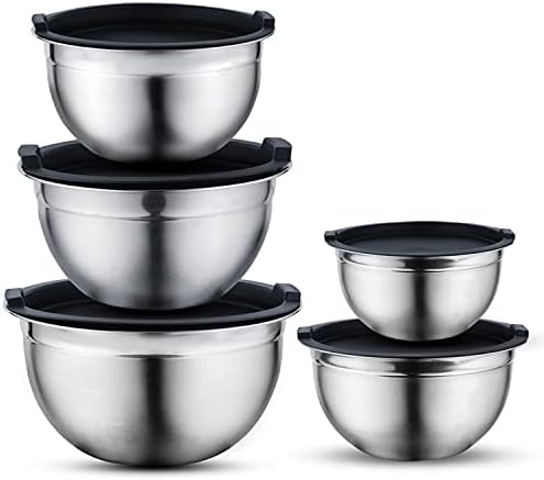 Vinod Mixing Bowls with Lids - Set of 5 Stainless Steel Nesting Bowl | Meal Prep Bowls | Mix & Serve | Flat Bottom & Stackable | Heavy Duty, Easy to Clean, Space Saving, Cooking, Prepping | Black Lids