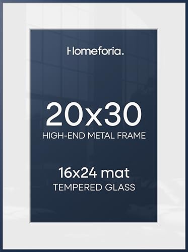 Image of Homeforia 20x30 Frame Navy Blue, High End Metal 20x30 Picture Frames with Mat 16x24 inch Photo, 20 x 30 Navy Blue Poster Frame Matted to 16 by 24, 30x20 Large Frame, Tempered Glass, Wall Kit, Set of 1