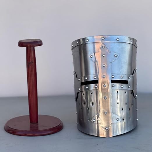 Medieval Templar Knight Steel Crusader Helmet-Knight Helmet Medieval Helmet Cosplay Costume LARP Reenactment Great Helmet with Woooden Stand