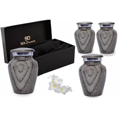 BOLD & DIVINE Wooden Textured Theme Keepsake Urn | Human Ashes Memorial Urn, Burial, Funeral Cremation Urns (Grey Wood, Set of 4_Mini) Cover