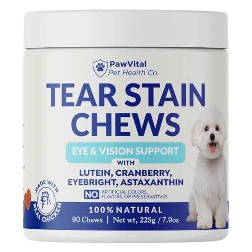 PawVital Tear Stain Chews for Dogs Natural Tear Stain Remover & Eye Health Supplement with Cranberry Lutein & Eyebright Reduces Tear Stains Supports Vision & Promotes Clear Eyes 90 Soft Chews