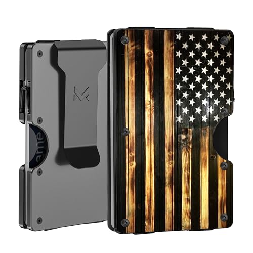 Minimalist Aluminum Wallet for Men, Slim RFID Blocking Money Clip, Wood Grain American Flag, Front Pocket Metal Card Holder for Business Travel, Personalized USA Gifts for Soldiers Veteran, Matte Gray