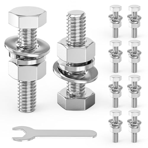 Image of 10PCS 1 /2-13 x 1-1 /2 inch 304 Stainless Steel External Hex Bolt, Fully Threaded Bolt with Nut Flat & Lock Washers and Spanner