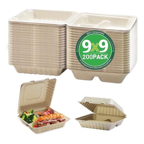 yoyomax [9x9-200Pack 100% Compostable To Go Food Containers with Lids, 3-Compartment Take Out Clamshell Container, Bio Disposable | Eco Friendly | Heavy-Duty Boxes, Made of Sugarcane Fibers Cover