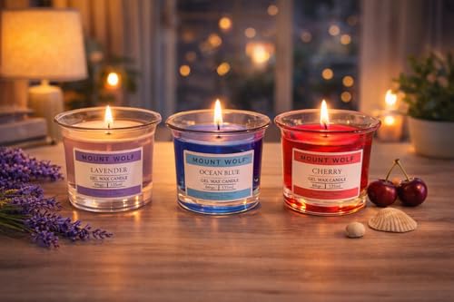 Image of Scented Gel Wax Candle Set of 3 - Lavender, Ocean Blue & Cherry Fragrance | Long Lasting Aromatic Candles for Home Decor, Relaxation & Gifting