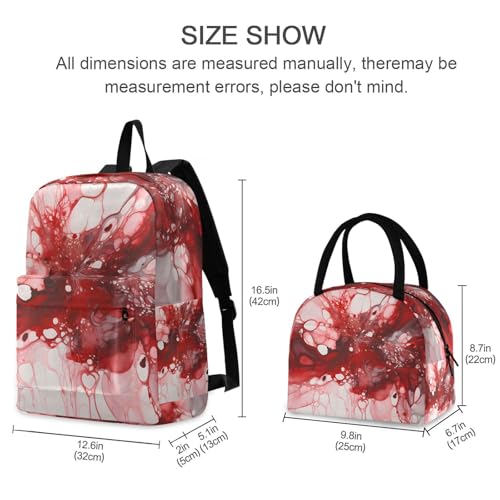 Red Fluid Print Backpack Set with Lunch Bag, Large Capacity Travel Backpacks and Lunch Box Insulated for Commute Hiking Picnic2
