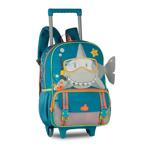 Mochila Escolar Infantil com Rodas, Design de Tubarão, Azul Turquesa, Alças Ajustáveis