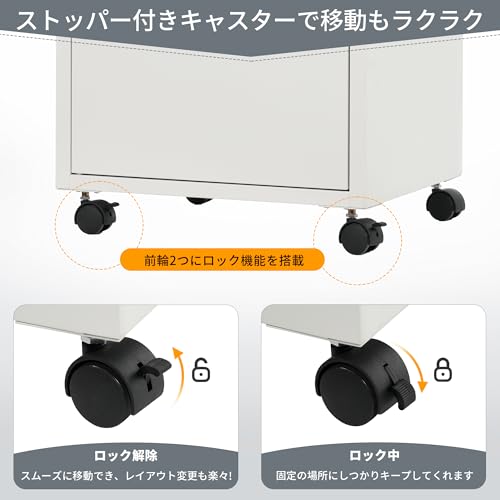 JvFun スチール書庫 キャビネット オフィスワゴン デスクワゴン | 机下収納 引き出し付き 収納 書庫 ロッカー鍵付き スチール製 高さ73cm 事務所 会社 店舗 病院 学校 更衣室 業務用ホワイト (ホワイト) [4]