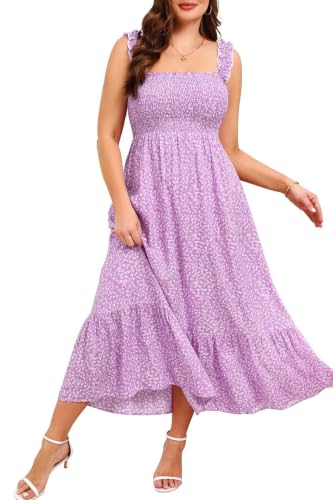 Image of Pinup Fashion Plus Size Summer Floral Sundress Smocked Casual Long Dress | Square neck, elastic ruffled straps, high waist A-line, tiered hem, perfect for beach vacation holiday Hawaiian wedding guest