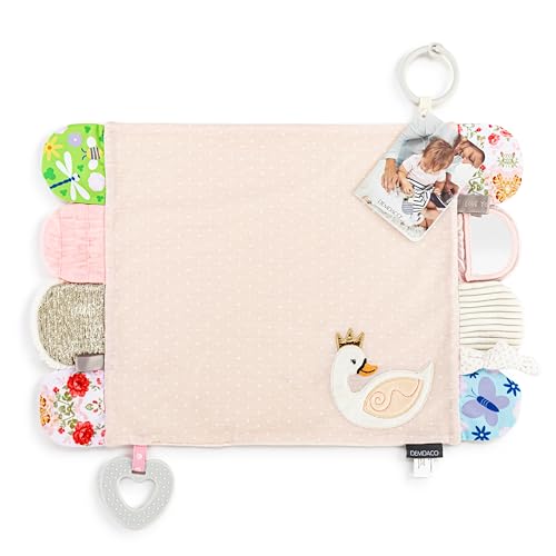 Image of DEMDACO Mommy & Me Colorful 17 x 11.5 Inch Textured Fabric, Teething Ring, Tactile, Stroller Clip-on, Activity Blanket, Blankie, Pink, Swan