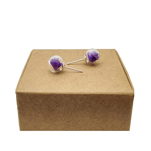 Cairui Design - Ne m'oublie pas Statice Vraie Fleur Boule Verre Argent Sterling 925 Boucles d'oreilles Clous et puces Femmes Handmade