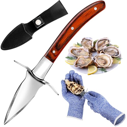 Oyster Knife and Gloves Set Oyster Opener Tool Kit with Oyster Shucking Knife and Cut Resistant Level 5 Protection Gloves Clam Oyster Shucker Knives with Hand Guard Seafood Tools Gift Set of 2